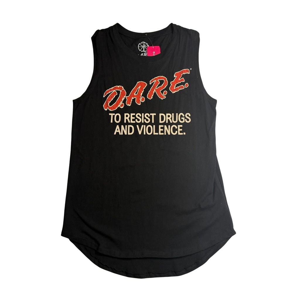 D.A.R.E. Tank Top Black Graphic Retro Muscle Tee Anti Drug Program Large Womens